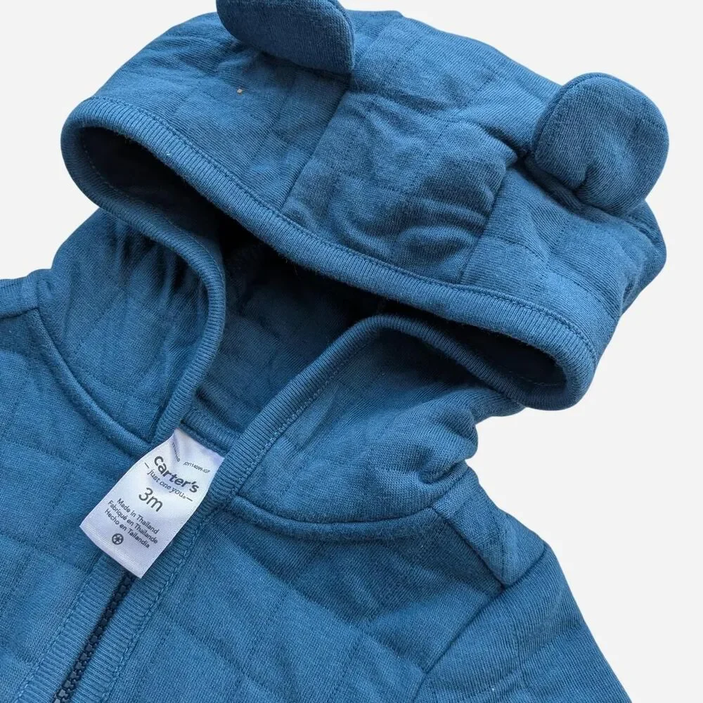 Carter's blue quilted zip up jacket with bear ears, size 3m